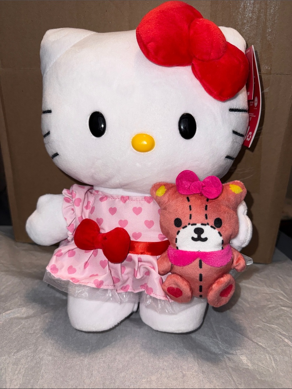 Sanrio Animated Hello Kitty White Plush with Red Bow and Pink Dress + Pink Bear